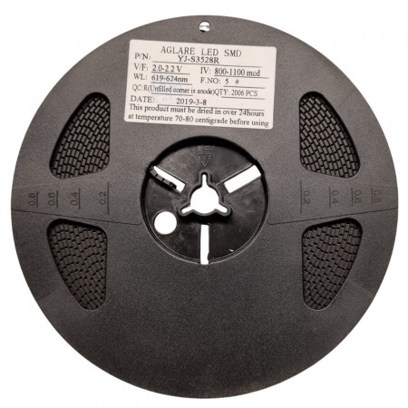 YJ-S3528R, 2.0~2.2V 20mA 800-1100mcd 120° 619~625nm 3528 Kırmızı SMD LED (Makara)